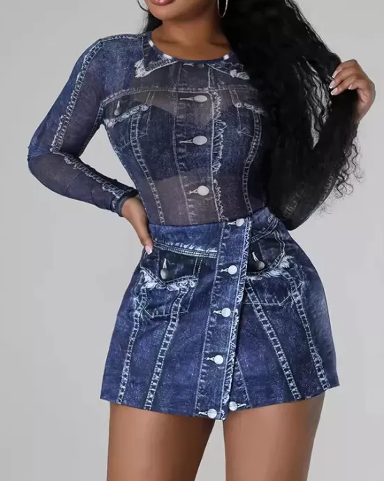 Round-Neck Bodycon Long Sleeves Mesh Printed See-Through Bodysuits + Skirts Bottom Two Pieces Set