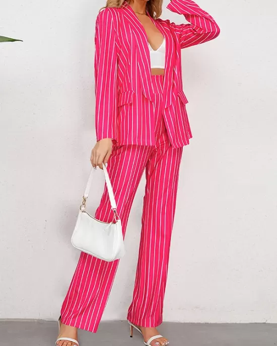 Loose Pockets Long Sleeves Striped Lapel Blazer Outerwear + Suits Bottom Two Pieces Set