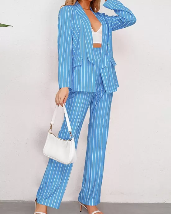 Loose Pockets Long Sleeves Striped Lapel Blazer Outerwear + Suits Bottom Two Pieces Set