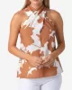 Halter-Neck Loose Backless Flower Print Tied Vest Top + Elasticity Pockets High Waisted Shorts Bottom Two Pieces Set