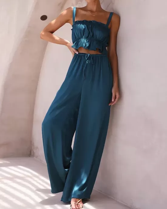 Elasticity Pleated Solid Color Spaghetti-Neck Tops + High Waisted Drawstring Pants Trousers Two Pieces Set