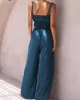 Elasticity Pleated Solid Color Spaghetti-Neck Tops + High Waisted Drawstring Pants Trousers Two Pieces Set