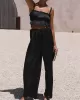 Elasticity Pleated Solid Color Spaghetti-Neck Tops + High Waisted Drawstring Pants Trousers Two Pieces Set