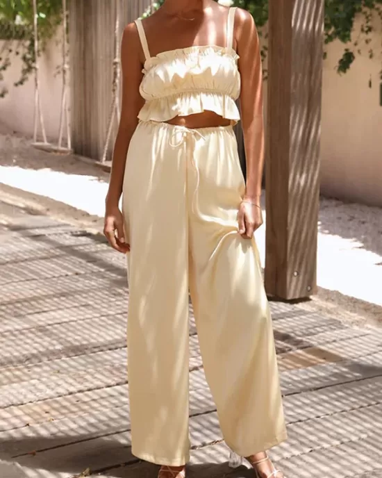 Elasticity Pleated Solid Color Spaghetti-Neck Tops + High Waisted Drawstring Pants Trousers Two Pieces Set