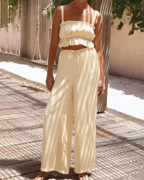 Elasticity Pleated Solid Color Spaghetti-Neck Tops + High Waisted Drawstring Pants Trousers Two Pieces Set