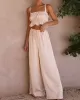 Elasticity Pleated Solid Color Spaghetti-Neck Tops + High Waisted Drawstring Pants Trousers Two Pieces Set