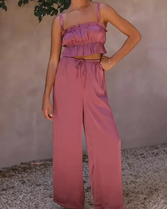 Elasticity Pleated Solid Color Spaghetti-Neck Tops + High Waisted Drawstring Pants Trousers Two Pieces Set