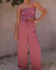 Elasticity Pleated Solid Color Spaghetti-Neck Tops + High Waisted Drawstring Pants Trousers Two Pieces Set