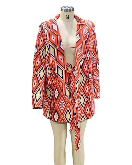 Notched Collar Long Sleeves Loose Buttoned Pockets Printed Blazer Top + Shorts Bottom Two Pieces Set