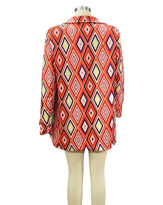 Notched Collar Long Sleeves Loose Buttoned Pockets Printed Blazer Top + Shorts Bottom Two Pieces Set