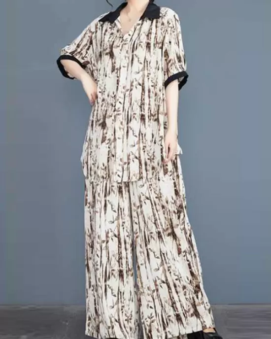 High-Low Buttoned Half Sleeves Pleated Printed Split-Side Lapel Blouses Top + Elasticity Pants Bottom Two Pieces Set