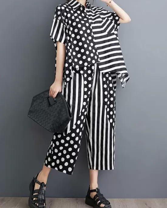 High-Low Asymmetric Half Sleeves Contrast Color Polka-Dot Split-Side Striped Lapel Blouses Top + Pants Bottom Two Pieces Set