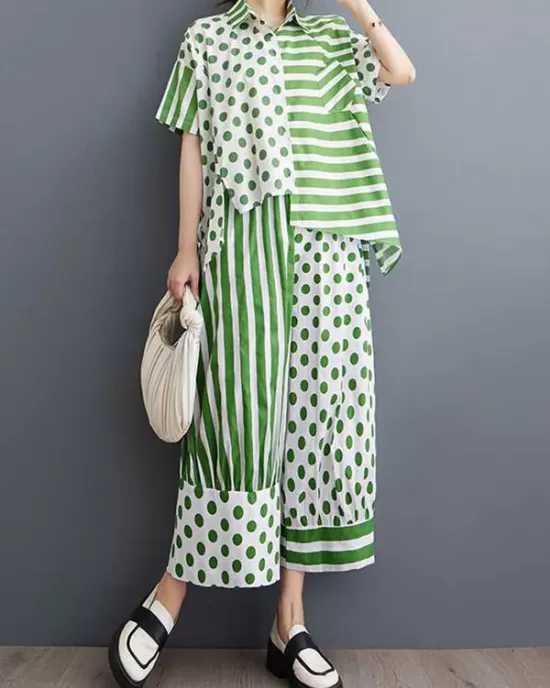 High-Low Asymmetric Half Sleeves Contrast Color Polka-Dot Split-Side Striped Lapel Blouses Top + Pants Bottom Two Pieces Set