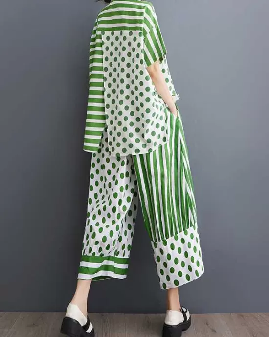 High-Low Asymmetric Half Sleeves Contrast Color Polka-Dot Split-Side Striped Lapel Blouses Top + Pants Bottom Two Pieces Set