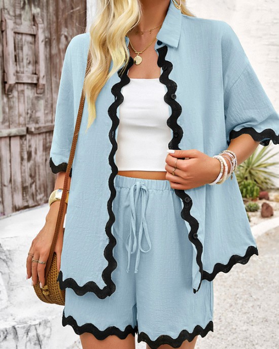 Loose Short Sleeves Split-Joint Lapel Blouse + Drawstring Elasticity Shorts Two Pieces Set