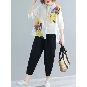 Printed Shirt + Solid Wide Leg Pants