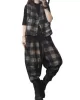 Vintage Plaid Letter Print Jean Pants Bottoms Vest Top Two Pieces Set