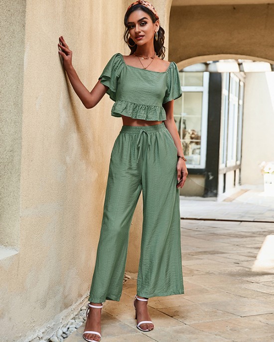 Casual High Waisted Solid Color U-Neck Two Pieces Set