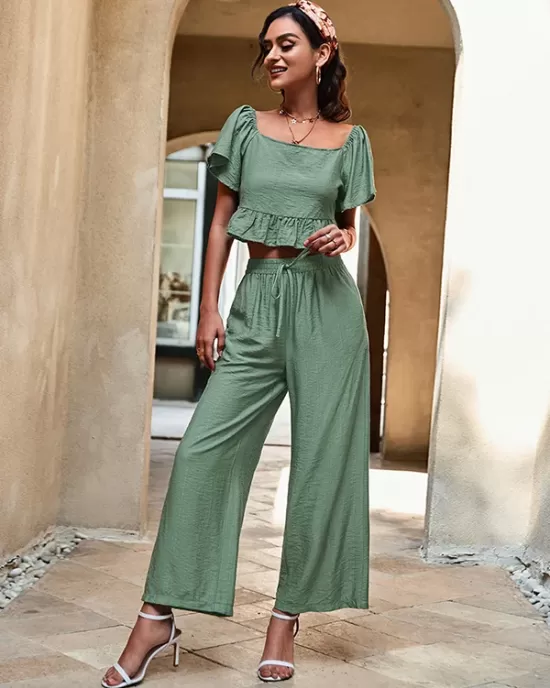 Casual High Waisted Solid Color U-Neck Two Pieces Set