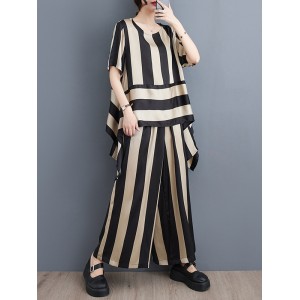 Striped Irregular clipping Loose Round-neck Two Pieces Set