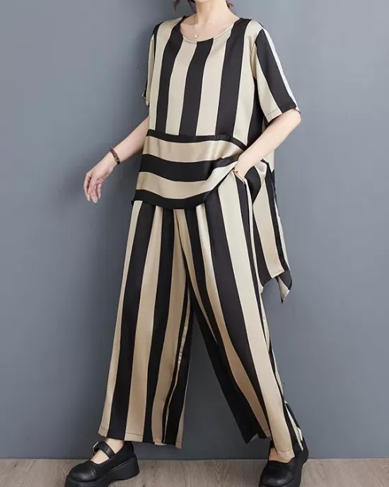 Striped Irregular clipping Loose Round-neck Two Pieces Set