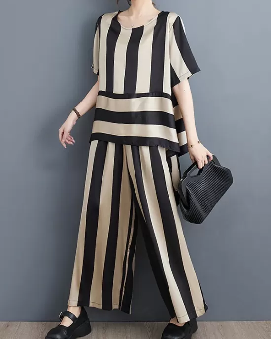 Striped Irregular clipping Loose Round-neck Two Pieces Set