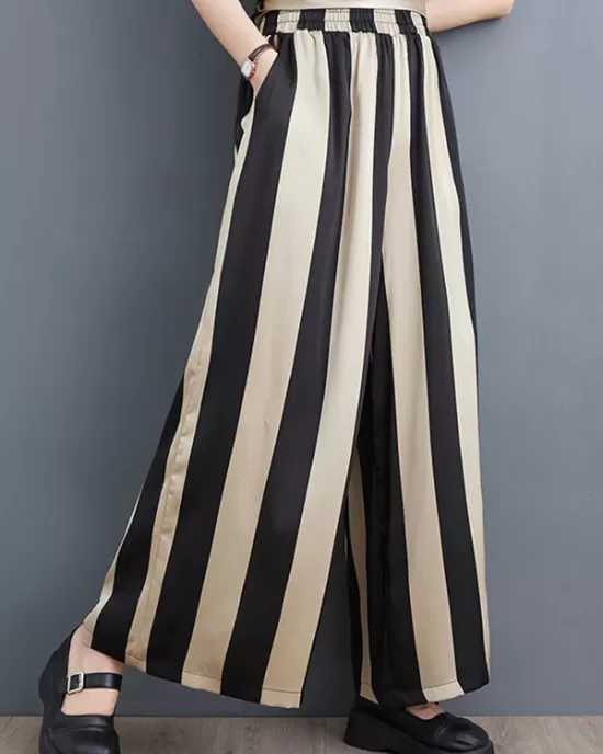 Striped Irregular clipping Loose Round-neck Two Pieces Set