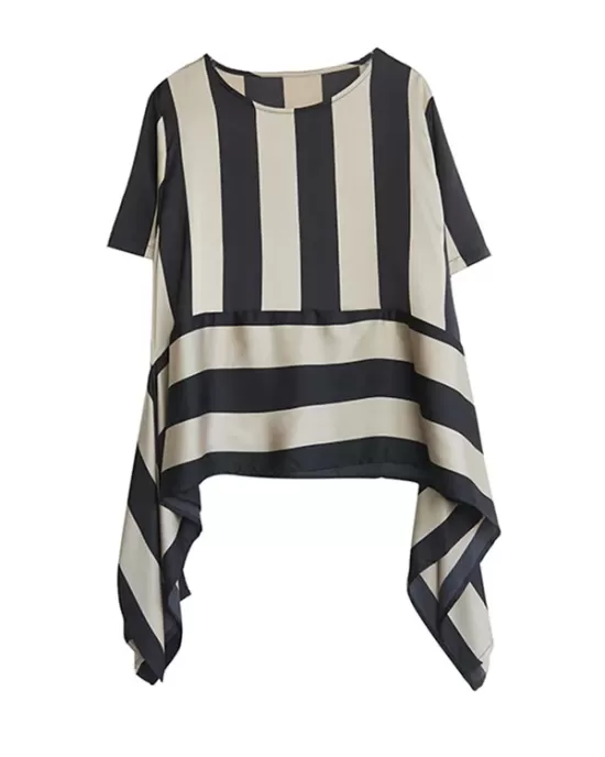 Striped Irregular clipping Loose Round-neck Two Pieces Set