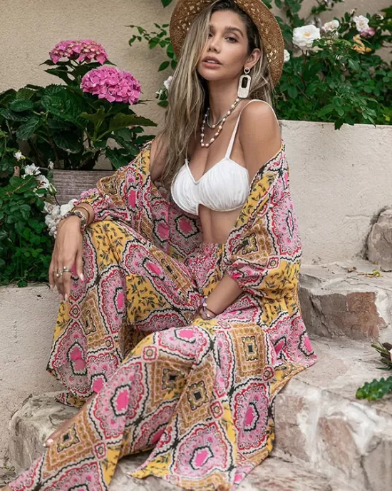 Vacation Loose Long Sleeves Floral Printed Two Pieces Set