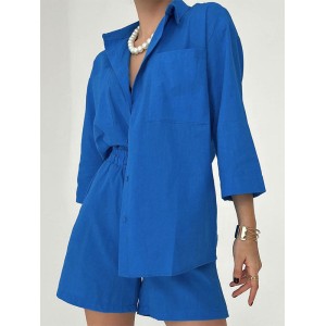 Drawstring Elasticity High-Waisted Solid Color Split-Joint Long Sleeves Loose Lapel Two Pieces Set