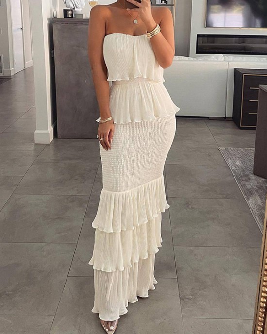 Elasticity Pleated Split-Joint Bodycon Sleeveless Tube Maxi Dresses