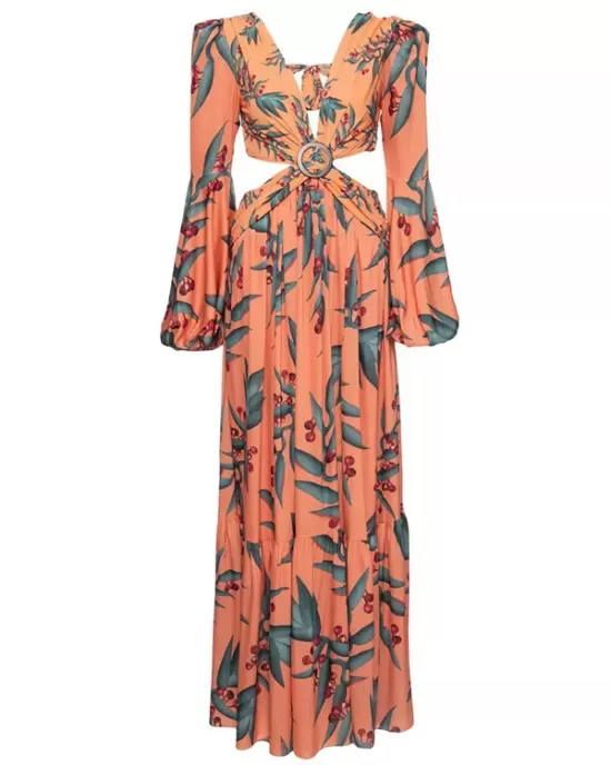 Floral-Print Bandage Puff Sleeves Asymmetric Bohemian Maxi Dress