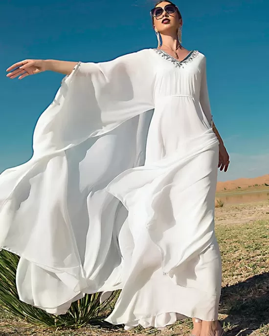 White V-Neck Evening Dress