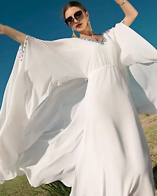 White V-Neck Evening Dress