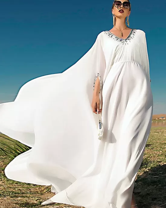 White V-Neck Evening Dress