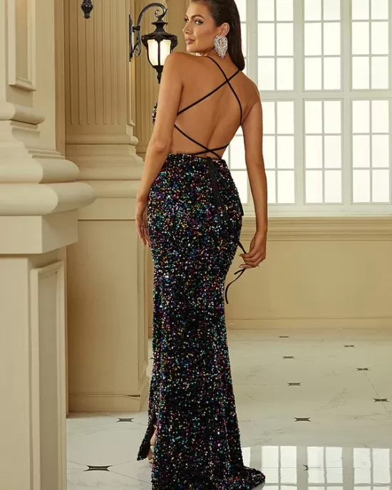 Evening Wrap Sequined Backless Dress