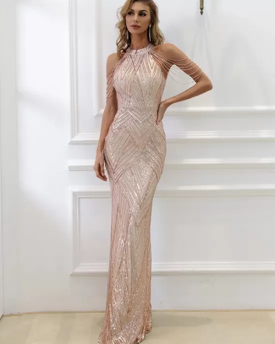 Evening Sleeveless Wrap Sequined Dress