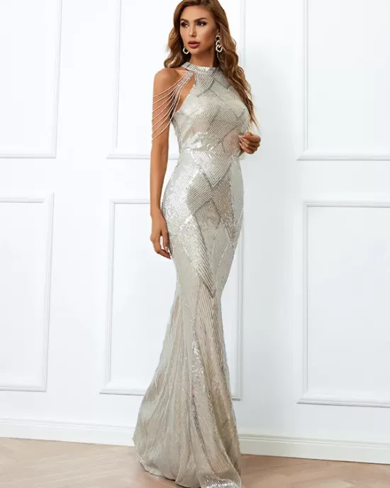 Evening Sleeveless Wrap Sequined Dress