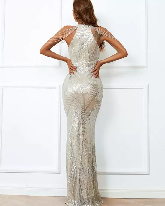 Evening Sleeveless Wrap Sequined Dress