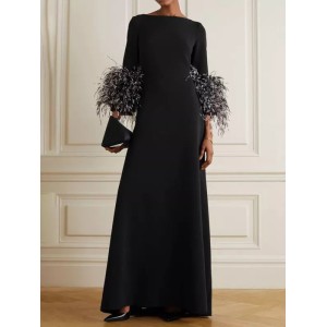 Elegant Simple Black And White Feather Long Sleeve Party Dress