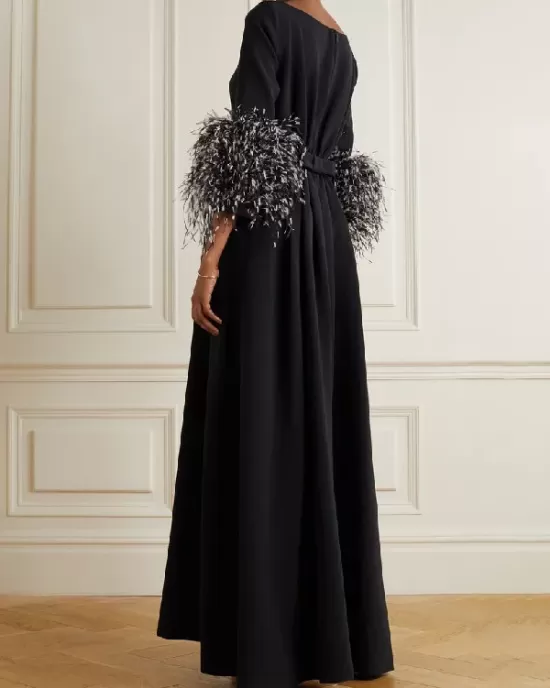 Elegant Simple Black And White Feather Long Sleeve Party Dress