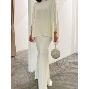 Batwing Sleeves Pearl Solid Color Round-Neck Shirts&Skirts Suits