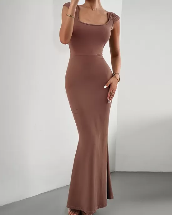 Solid Color High Waisted Mermaid Square-Neck Maxi Dresses