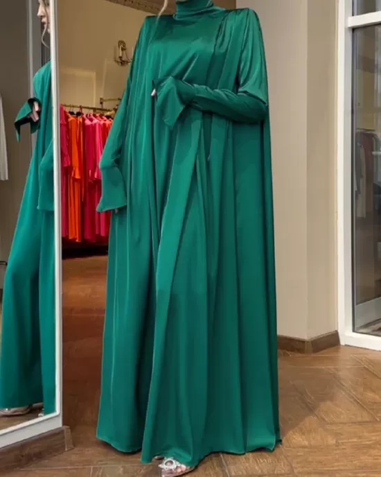 Solid Color Flared Sleeves Long Sleeves High-neck Maxi Dresses