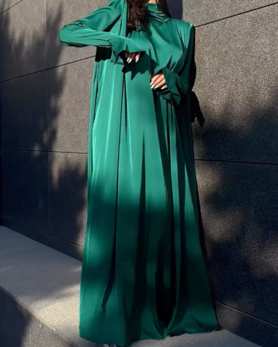 Solid Color Flared Sleeves Long Sleeves High-neck Maxi Dresses