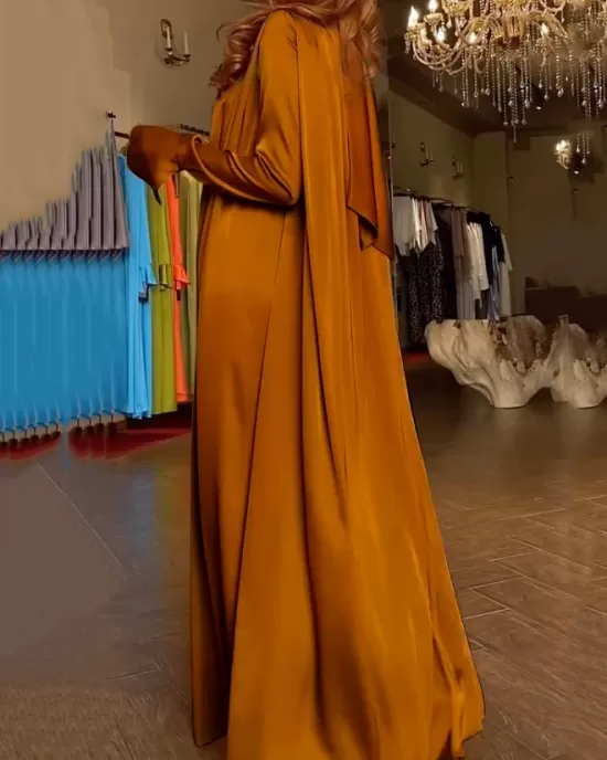 Solid Color Flared Sleeves Long Sleeves High-neck Maxi Dresses