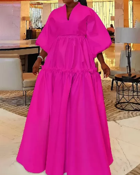 High Waisted Puff Sleeves Falbala Solid Color V-Neck Maxi Dresses