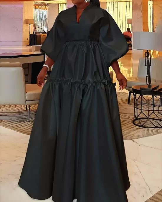 High Waisted Puff Sleeves Falbala Solid Color V-Neck Maxi Dresses