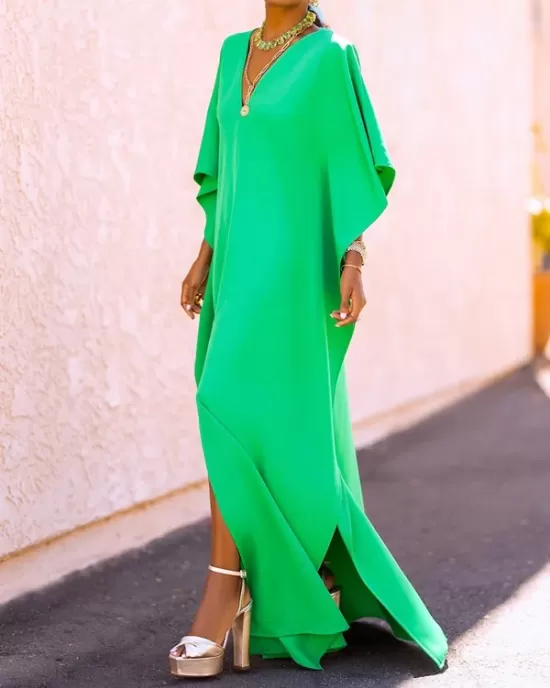 Batwing Sleeves Loose Solid Color Split-Side V-Neck Maxi Dresses