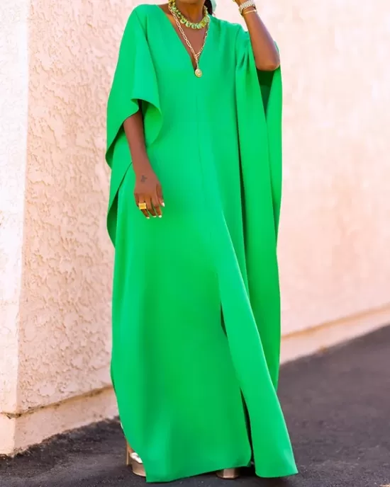 Batwing Sleeves Loose Solid Color Split-Side V-Neck Maxi Dresses